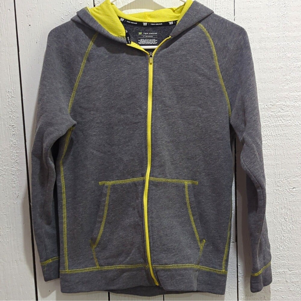 TEK GEAR Boys Gray/Yellow Full Zip Hooded Fleece Hoodie w/ Pockets - Size L